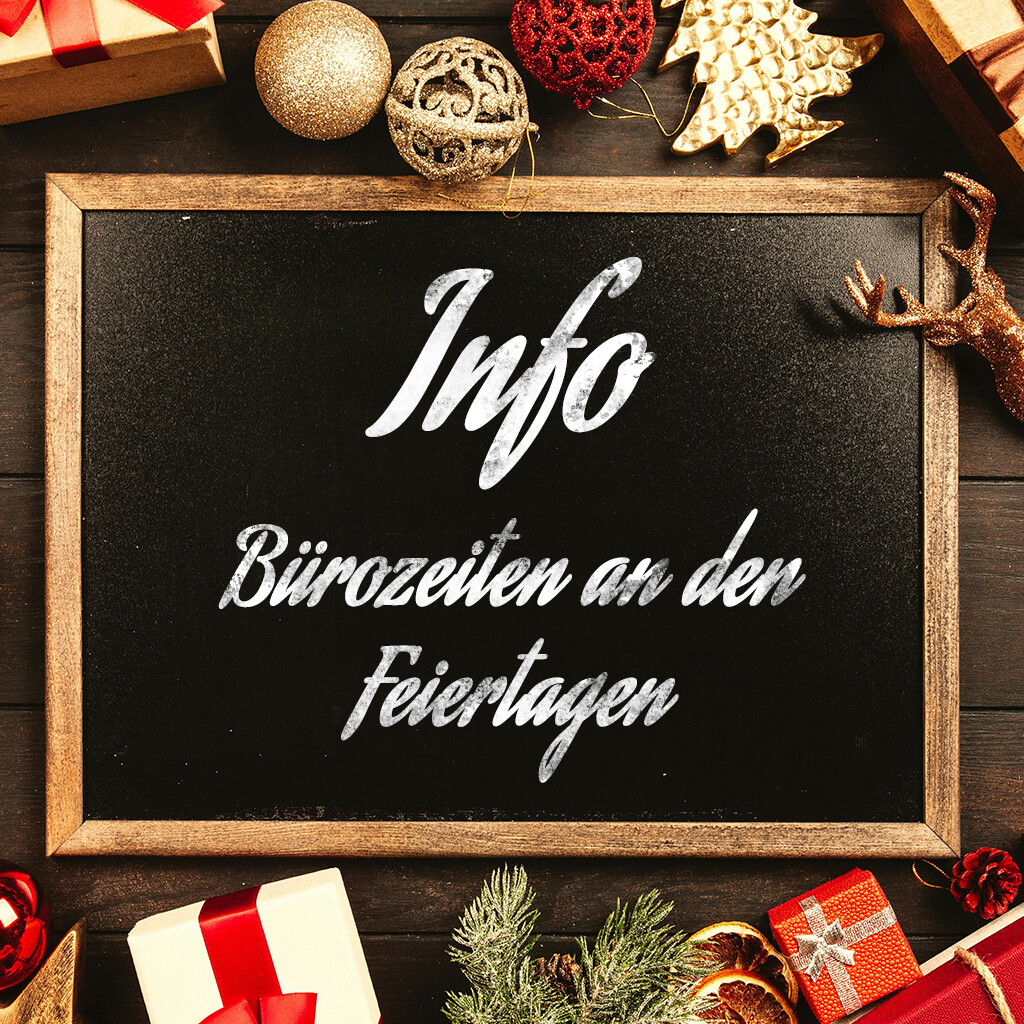 Tafel mit Kreide beschrieben Text "Info Bürozeiten an den Feiertagen" und Weihnachtsdekoration herum, Thumbnail, Info Bürozeiten der Vindex GmbH